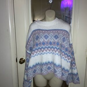 White and Purple Crew Neck Sweater with Nordic Pattern